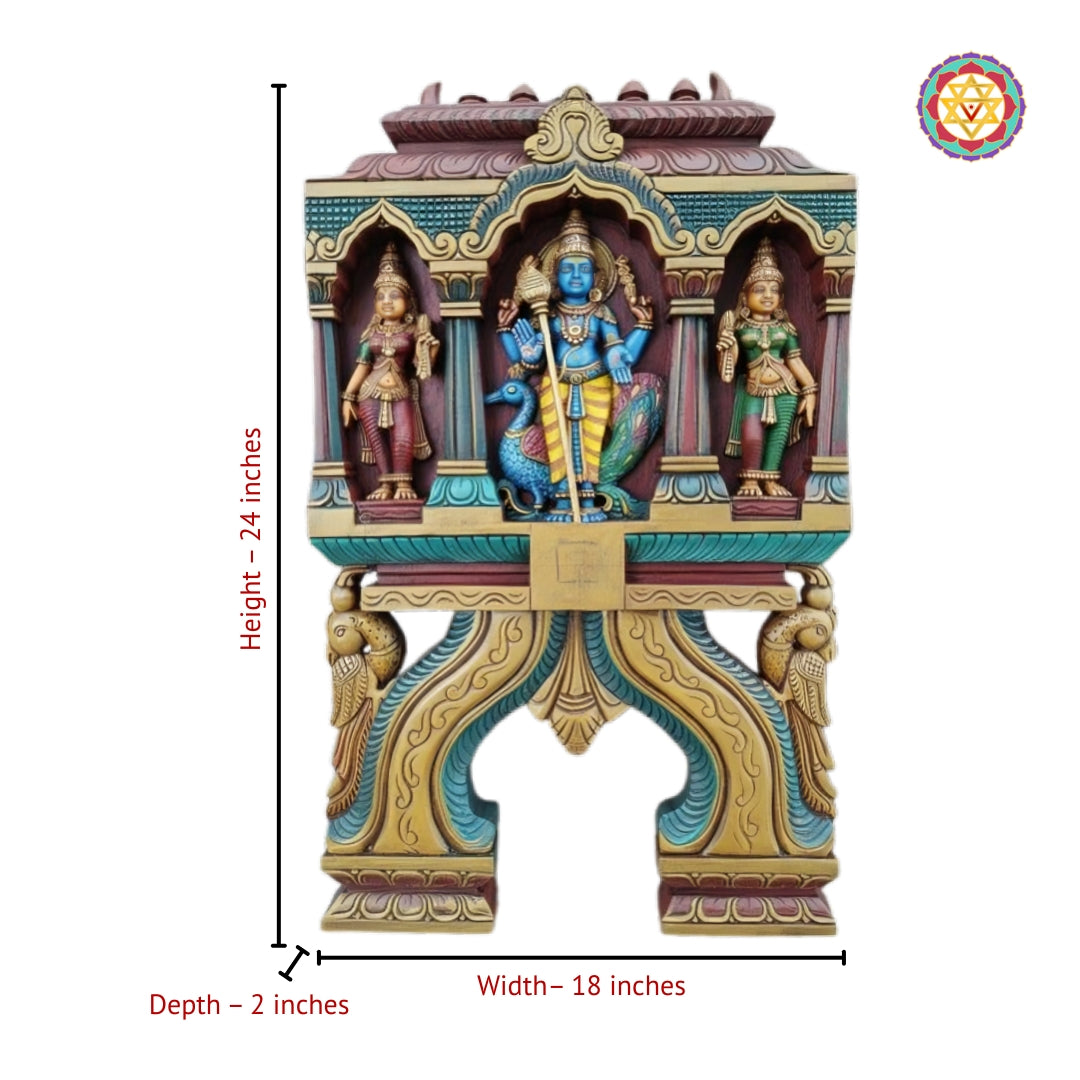 Traditional Kavadi-style carving of Murugan with Valli and Devasena