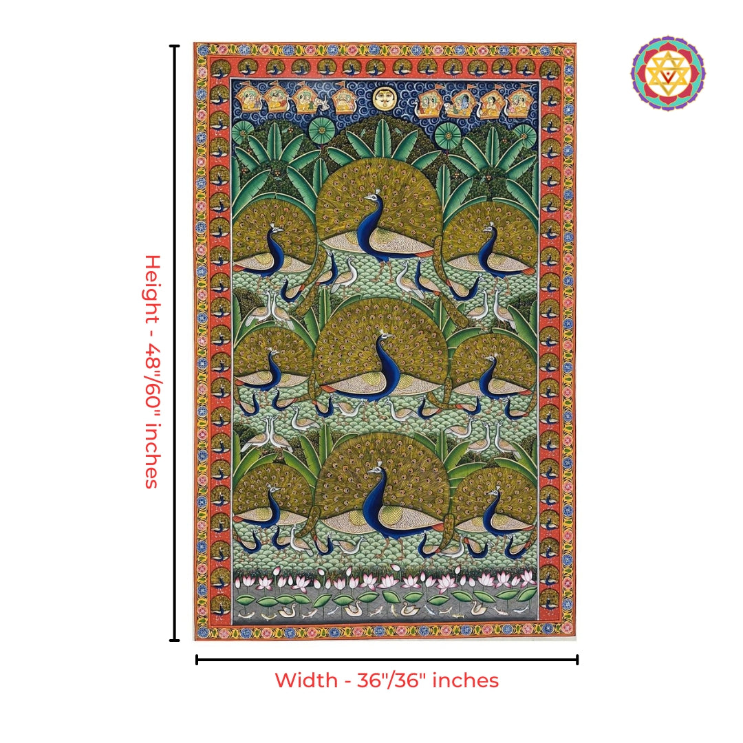 Traditional pichwai painting featuring vibrant peacocks with intricate heritage detailing