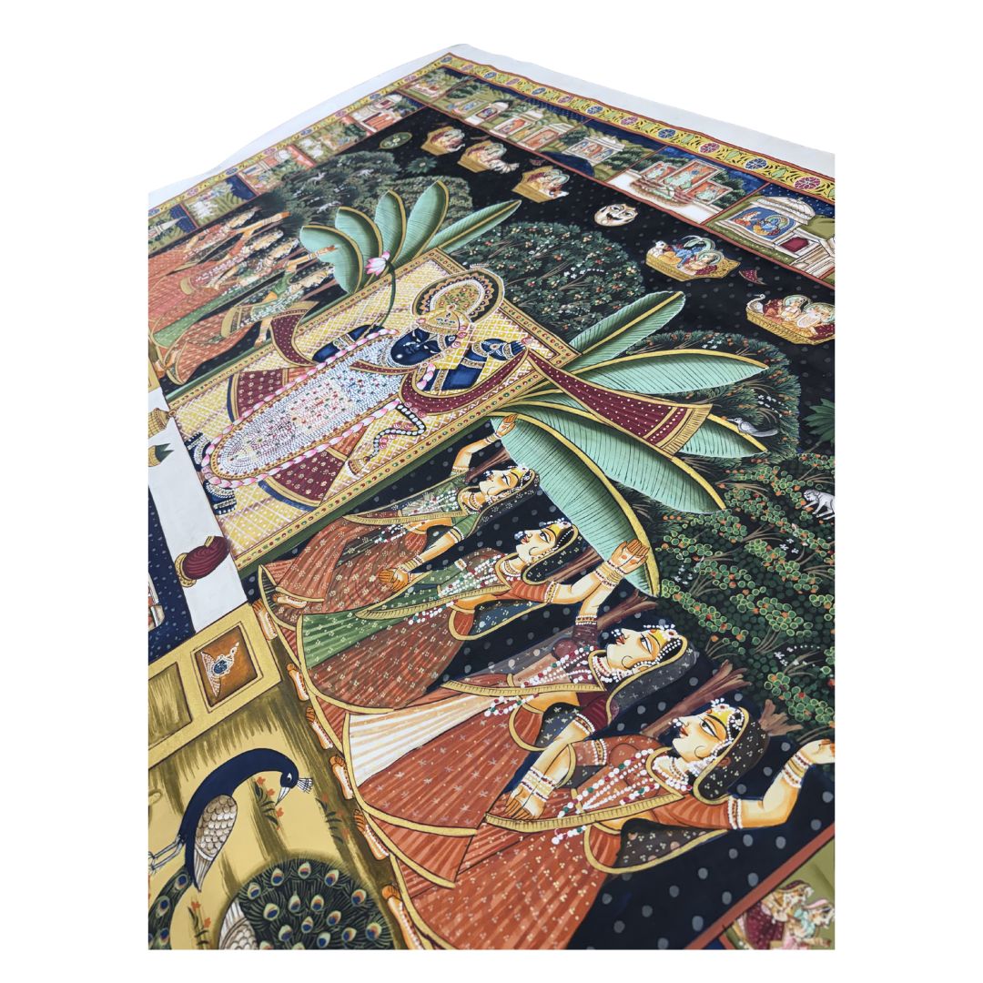 indian pichwai painting with gopikas and ornate detailing
