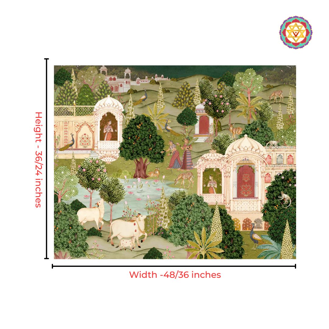 indian pichwai wall decor with cows peacocks and floral motifs