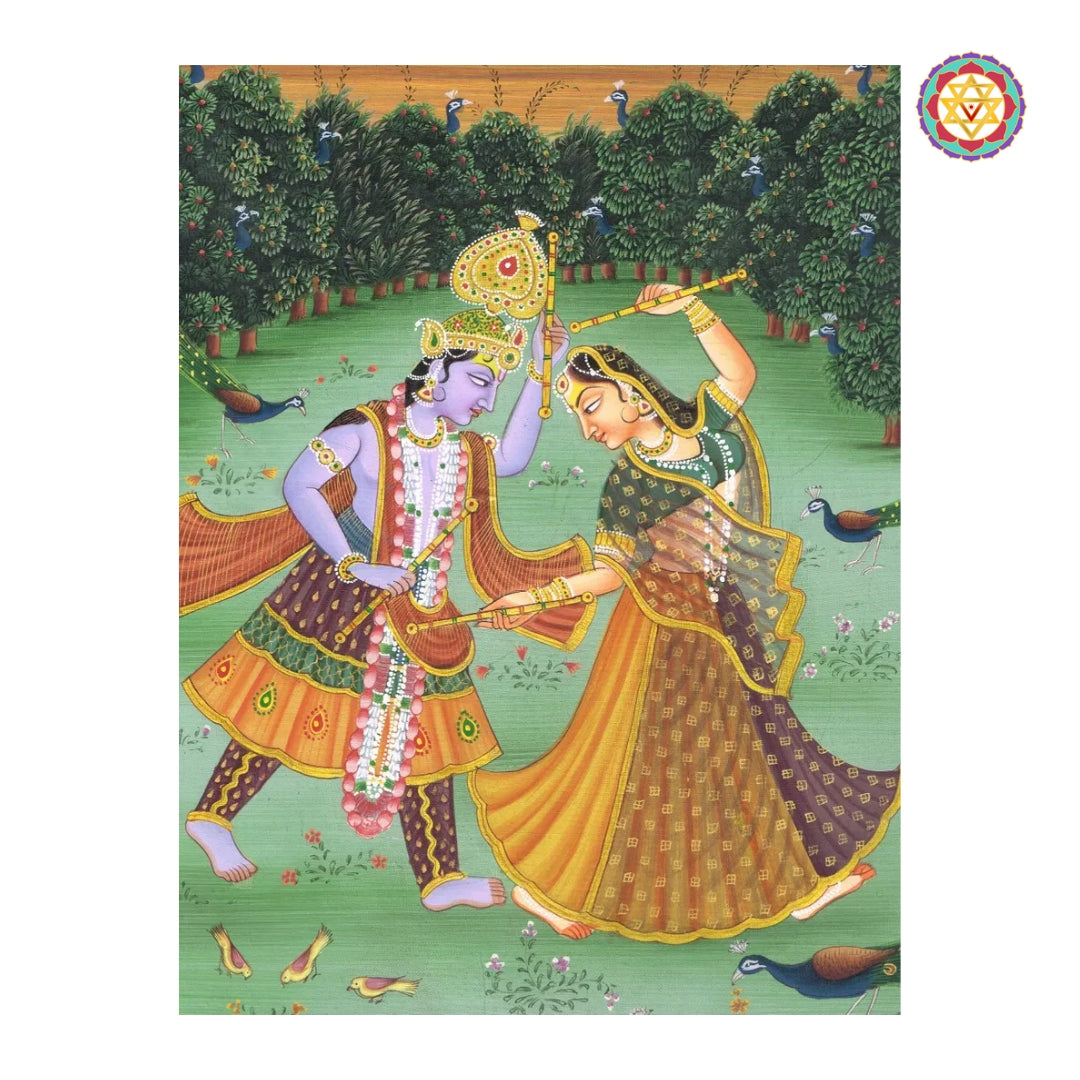 Traditional handpainted Pichwai wall art of Krishna and Radha Raas in serene garden setting