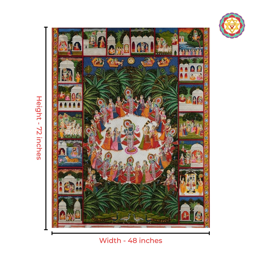 Large Raas Leela pichwai wall art showcasing Krishna’s divine dance theme