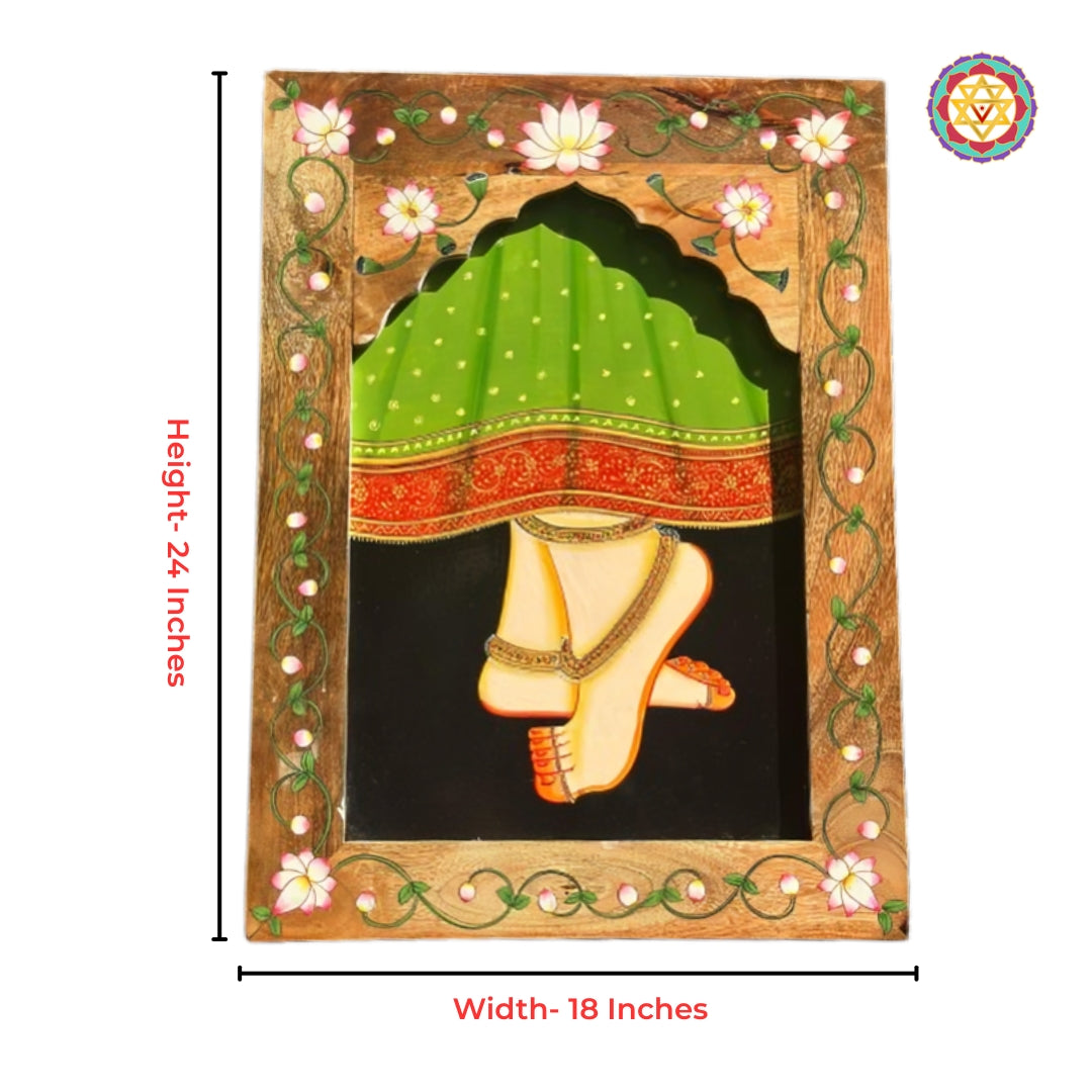 Hand painted Radha Charan feet miniature artwork in rectangular wall frame for pooja room decor