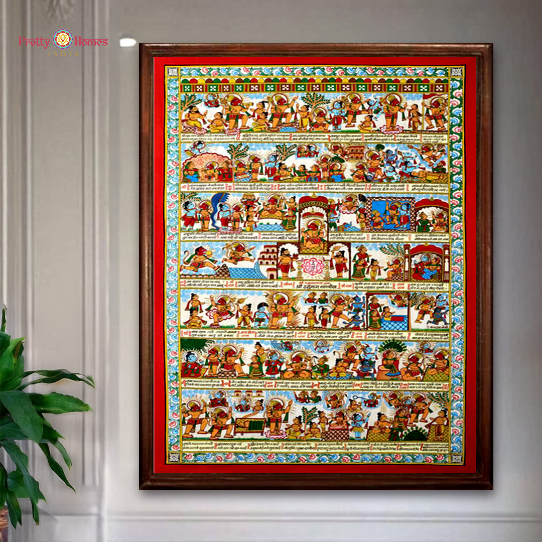 Handpainted Phad style Hanuman Chalisa wall painting depicting devotional storytelling scenes traditional art
