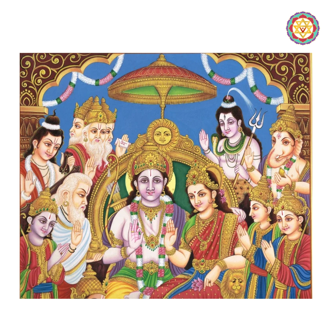 Traditional Ram Darbar pichwai painting showcasing divine royal composition