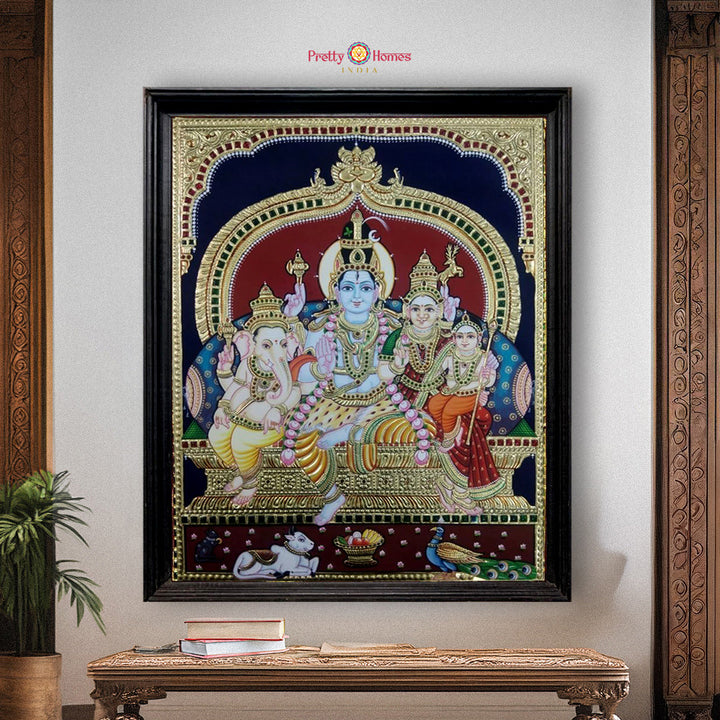 Vintage antique finish Shiva Parivar Tanjore painting with real 22K gold foil traditional Indian art