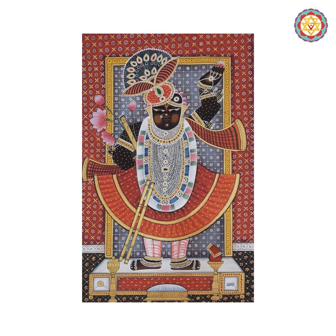 Close view of Shrinathji darshan pichwai artwork with floral motifs