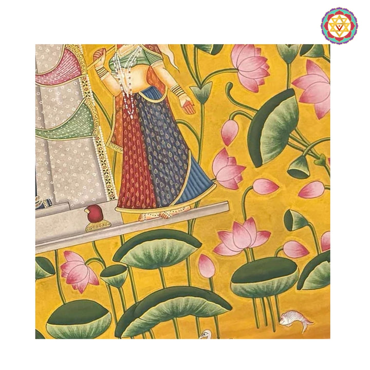Traditional Shrinathji pichwai artwork with intricate lotus pond detailing