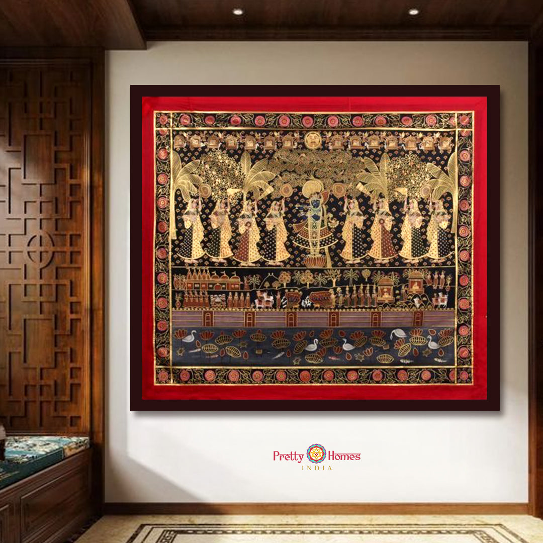 Large horizontal Pichwai of Shrinathji darshan with gopikas in traditional Nathdwara art