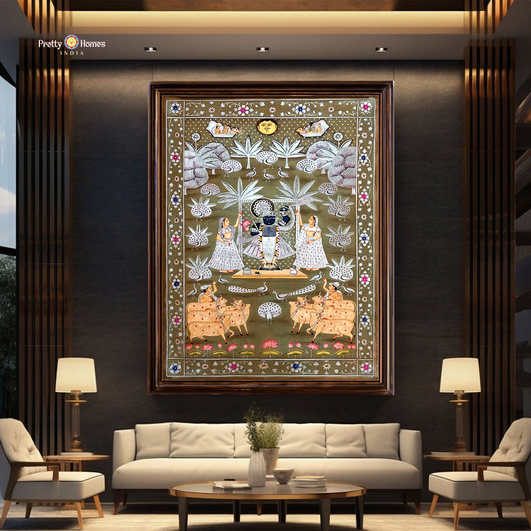 Vintage handpainted Pichwai showing Shrinathji with Gopikas and sacred cows in serene setting