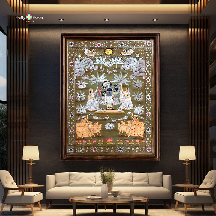 Vintage handpainted Pichwai showing Shrinathji with Gopikas and sacred cows in serene setting