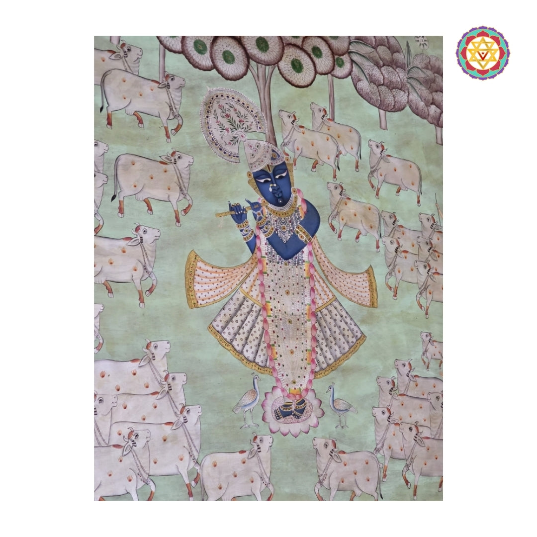 Vintage style handpainted Pichwai painting of Shrinathji with sacred cows traditional Indian devotional wall art