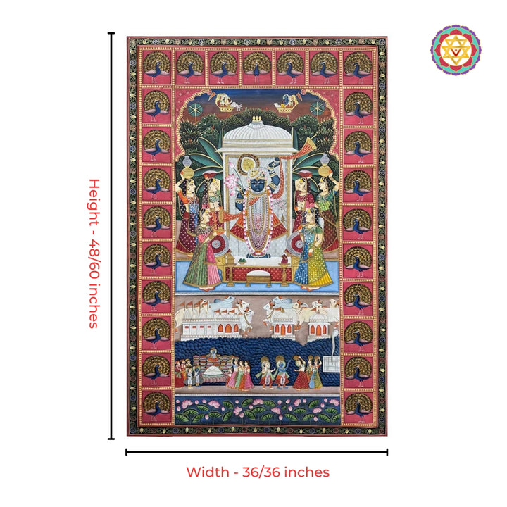 Intricate peacock border detailing in large Shrinathji pichwai artwork