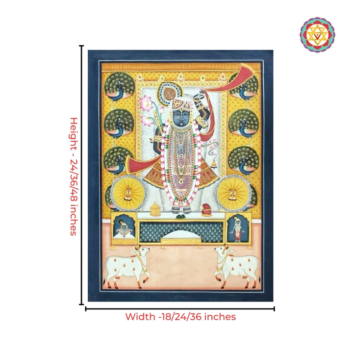 Traditional Pichwai art detailing of Shrinathji with peacocks