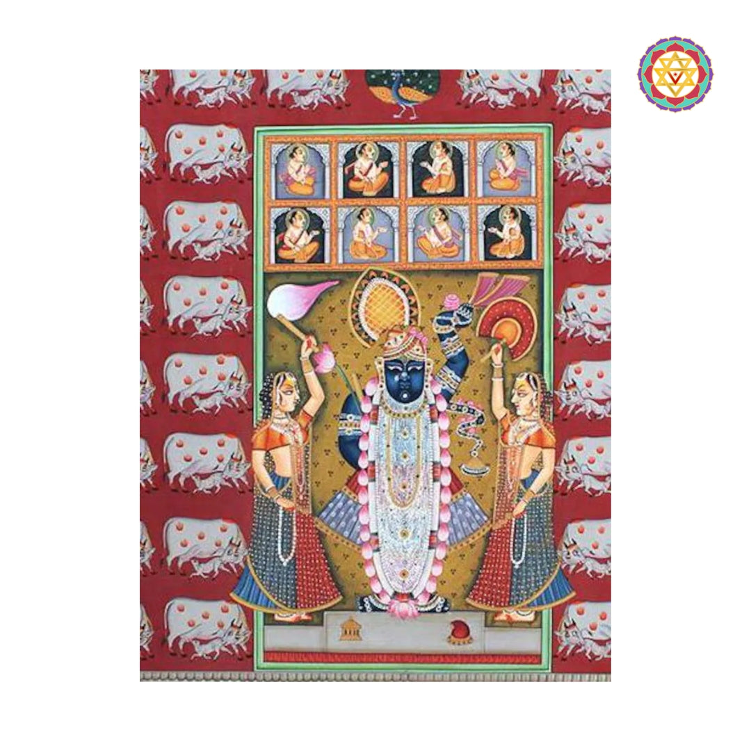 Traditional Shrinathji Pichwai painting with devotees and cows