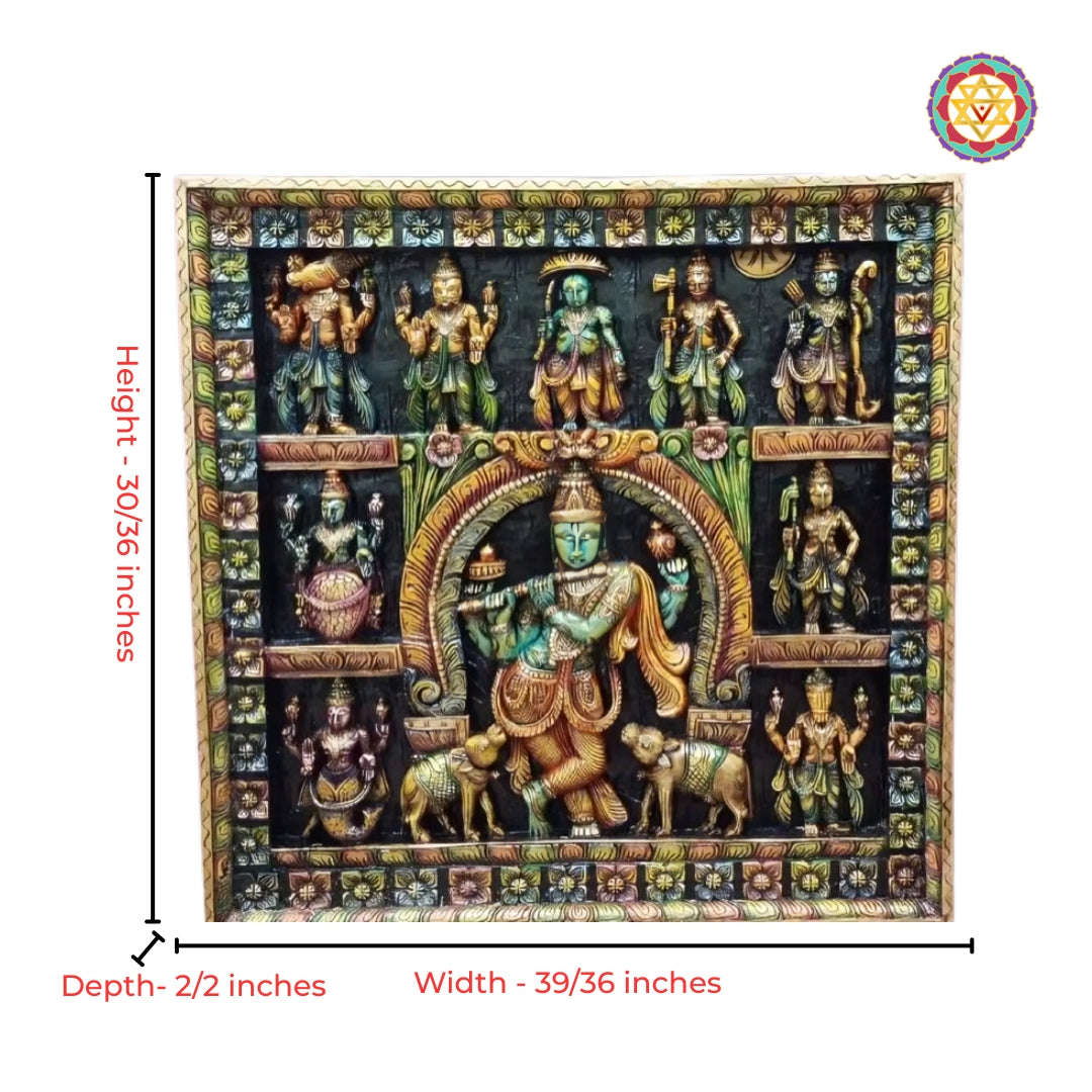Intricate carving on Krishna wood wall art panel
