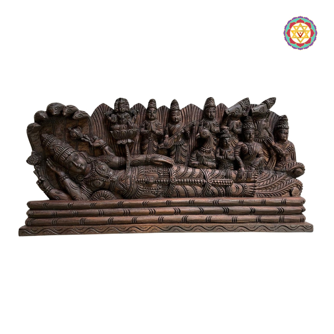 Full view of horizontal Ananthashayanam Vishnu wooden wall decor panel