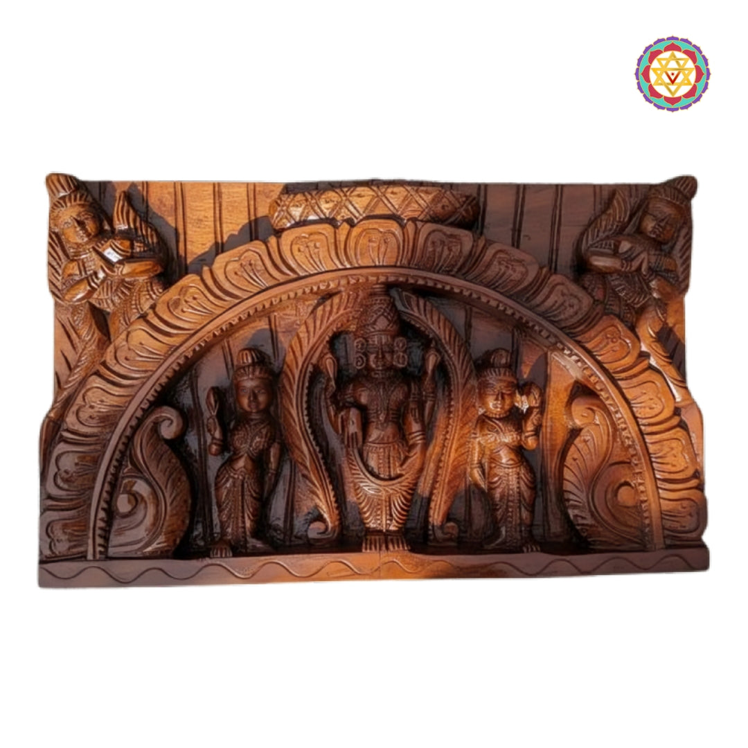 Handcrafted teak wood Lord Vishnu wall carving with consorts traditional temple wall art