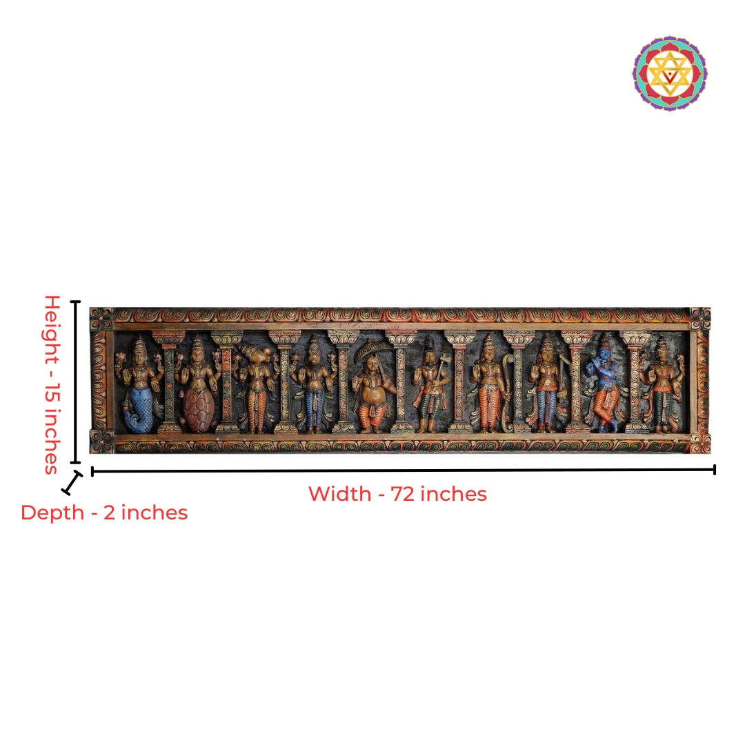 Heritage-inspired large Dasavathar wood panel with ornate temple motifs