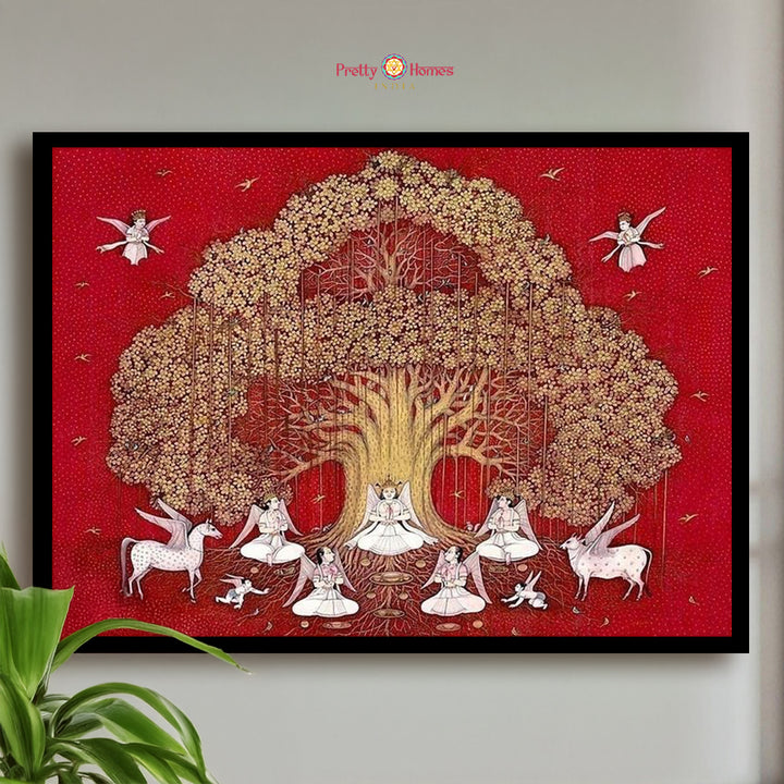 handpainted tree of life pichwai wall art with celestial figures