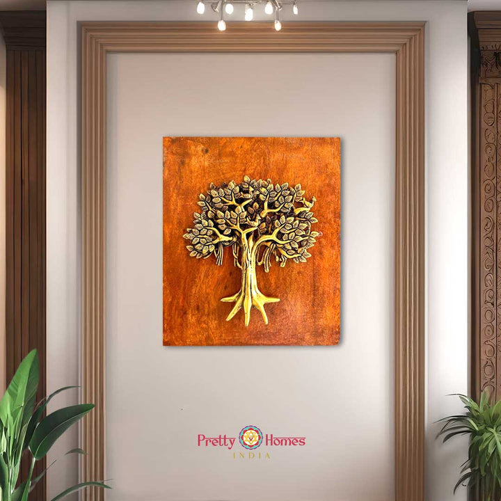 Brass Tree of Life Wall Hanging, Framed on wood.