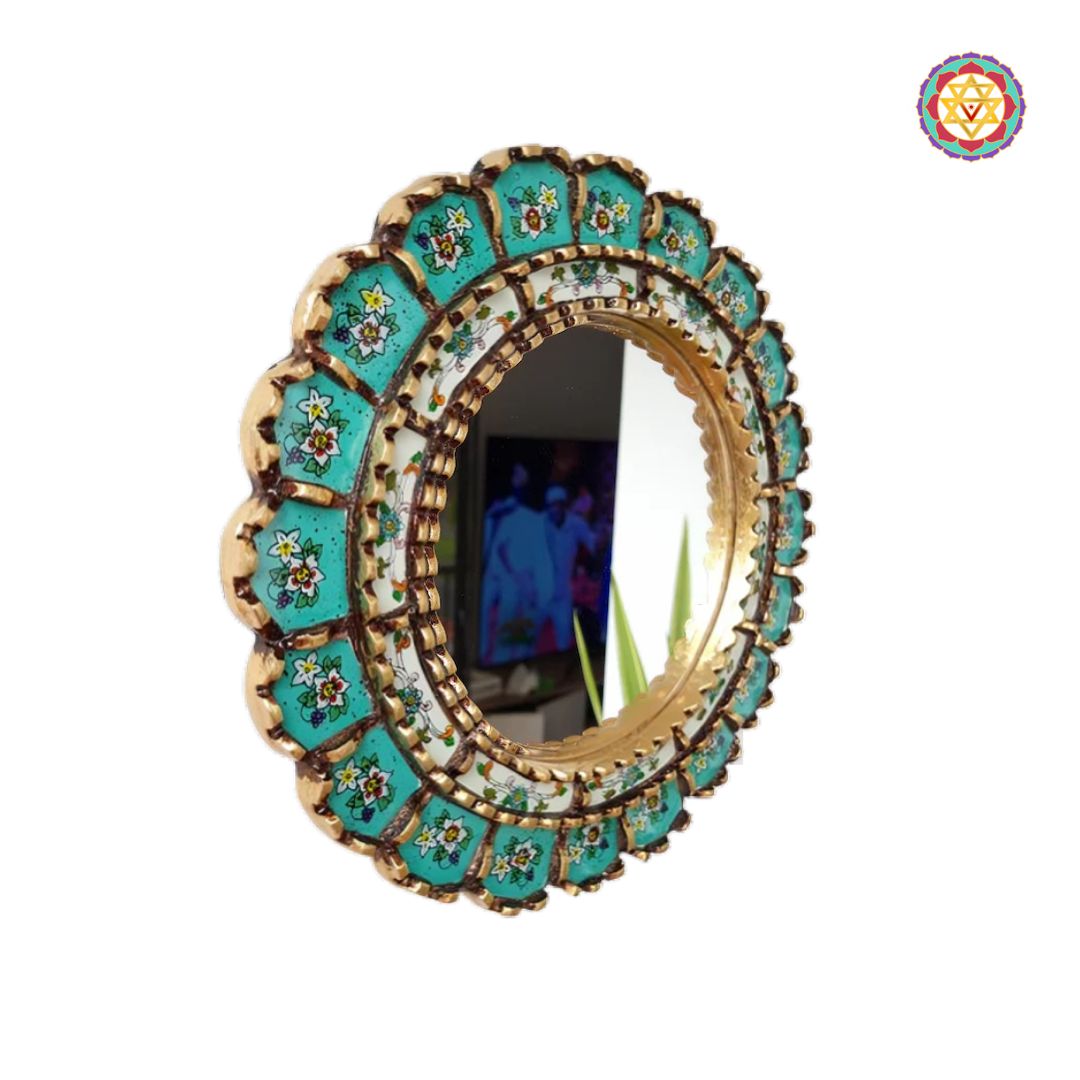 wooden round mirror handpainted turquoise design