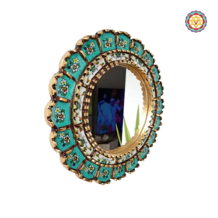wooden round mirror handpainted turquoise design