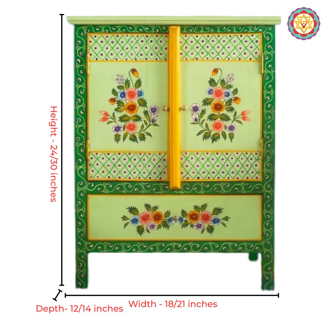 A high-quality 24-inch or 30-inch tall wooden cabinet with a traditional handpainted floral design.