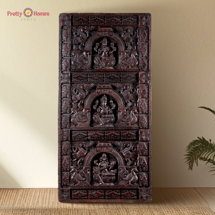 Hand-Carved Vertical Ganesh–Lakshmi–Saraswati Wooden Panels