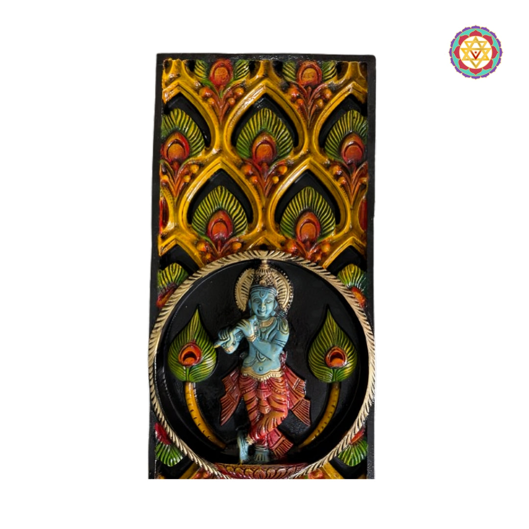 Traditional wood wall decor Krishna flute sculpture panel