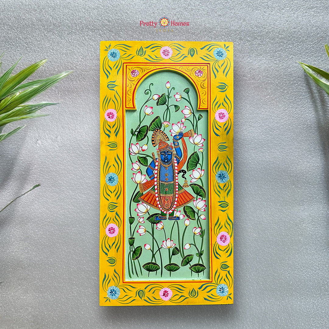 Vertical hand painted Shrinathji with cows framed wall hanging traditional Pichwai devotional art