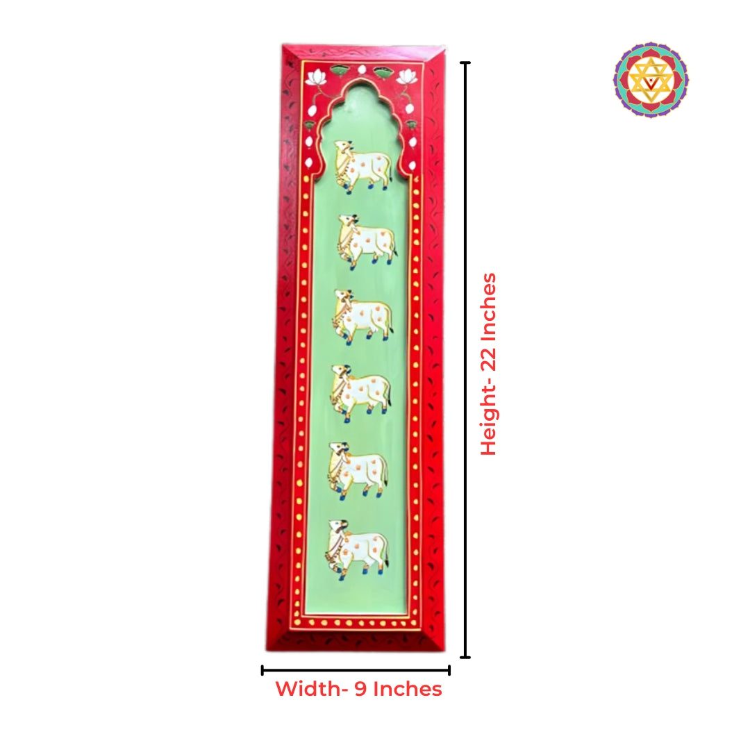 Shrinathji Pichwai vertical wall art featuring cows hand painted traditional Indian temple decor