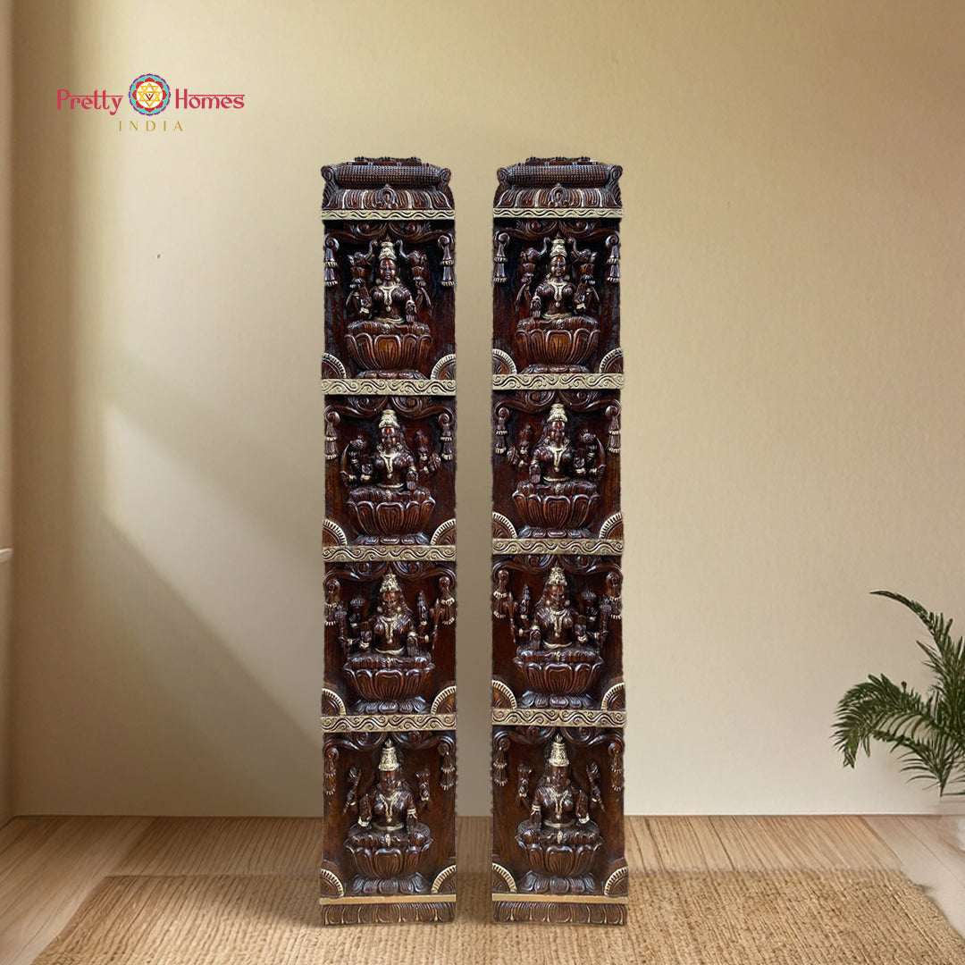Vertical Wood-Carved Ashtalakshmi Wall Panels