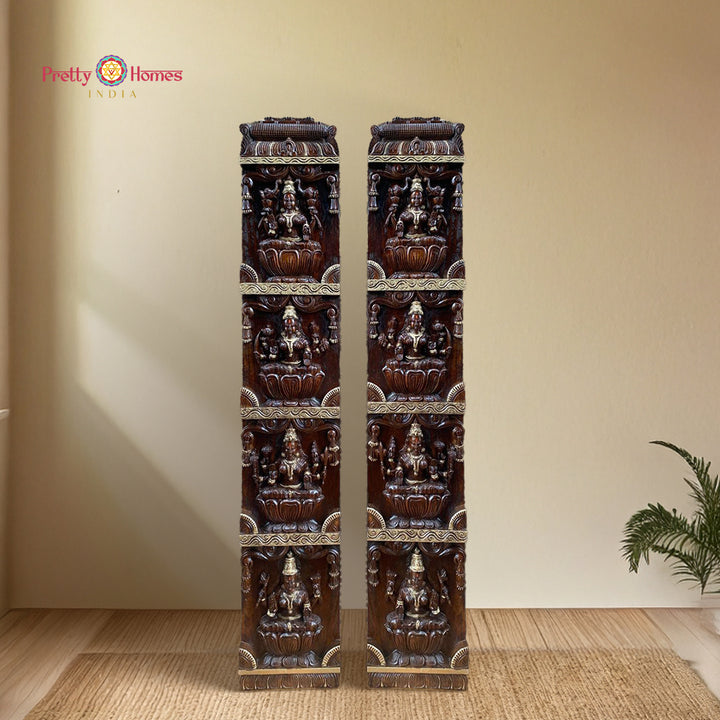 Vertical Wood-Carved Ashtalakshmi Wall Panels