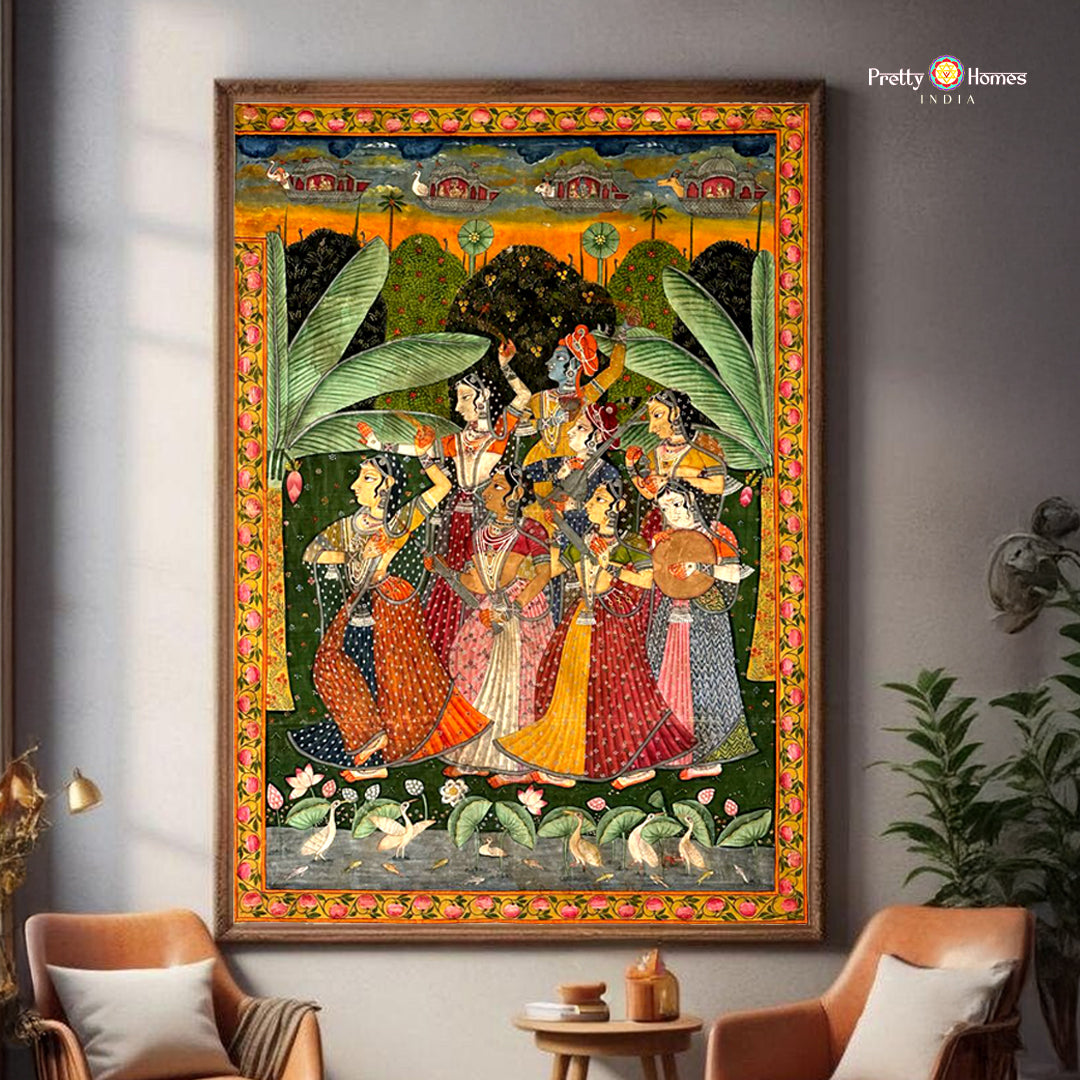 Vibrant hand-painted pichwai artwork of gopikas with Lord Krishna in devotional scene