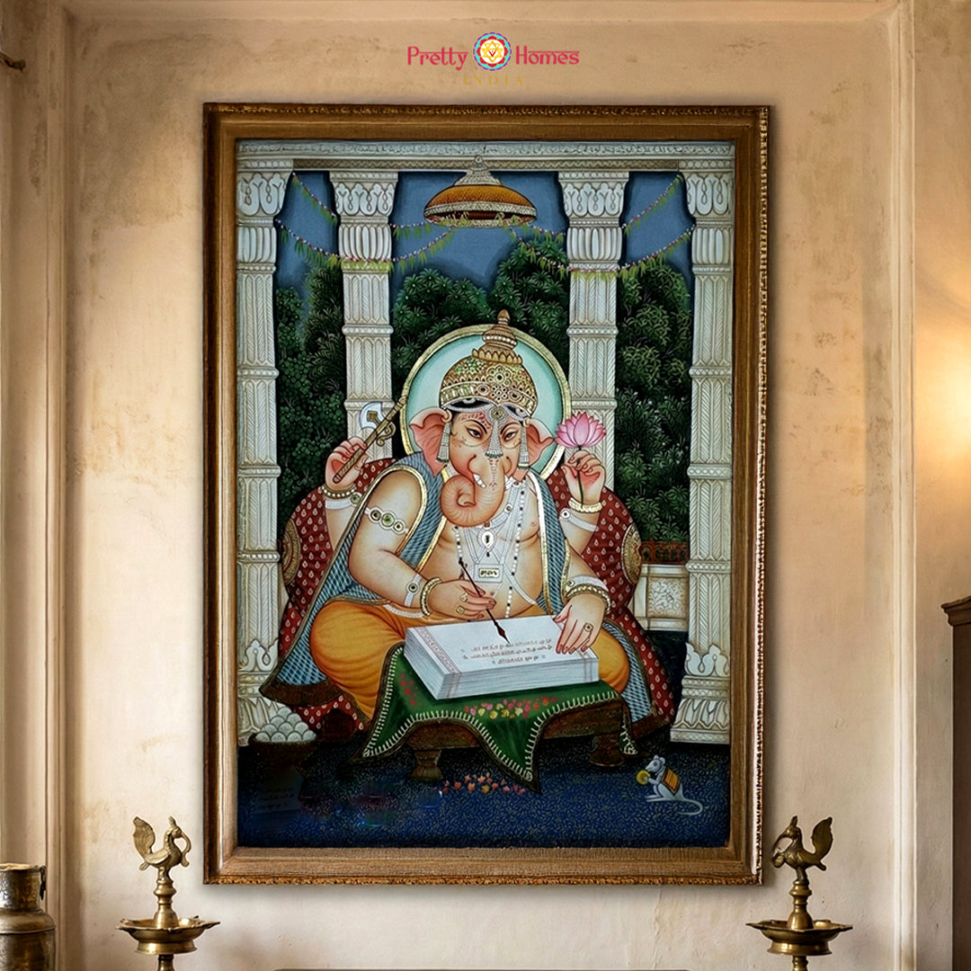 Vighnaharta Ganesha divine scribe pichwai painting with sacred traditional motifs