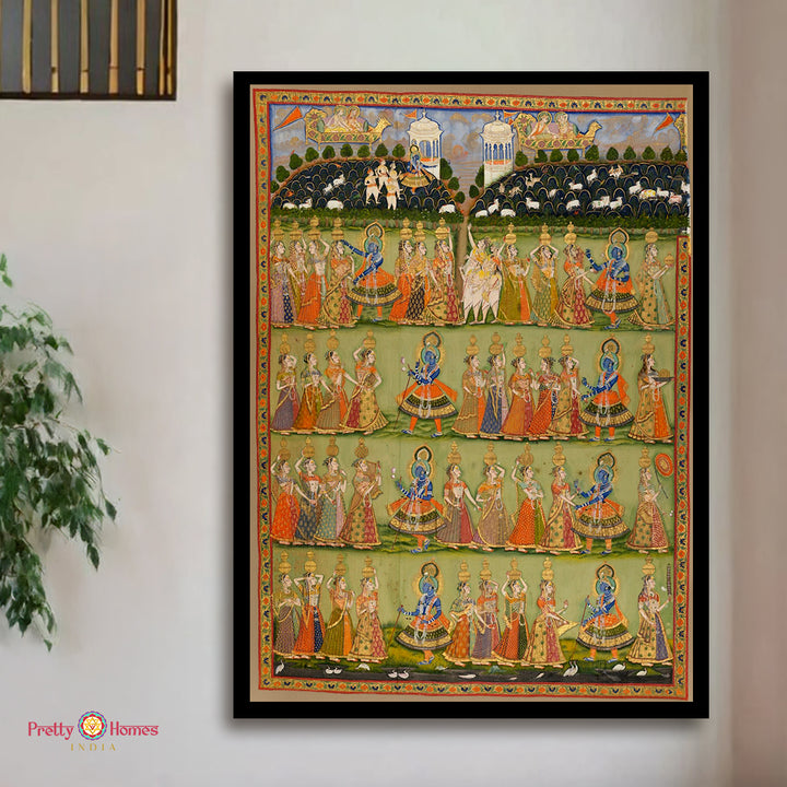Vintage style hand-painted pichwai artwork of flute Krishna in devotional theme