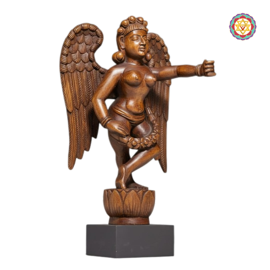 Handcrafted Gandharva sculpture with intricate heritage carving on wooden base