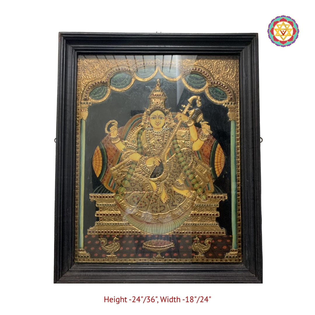 Traditional Saraswati devotional artwork in South Indian temple style