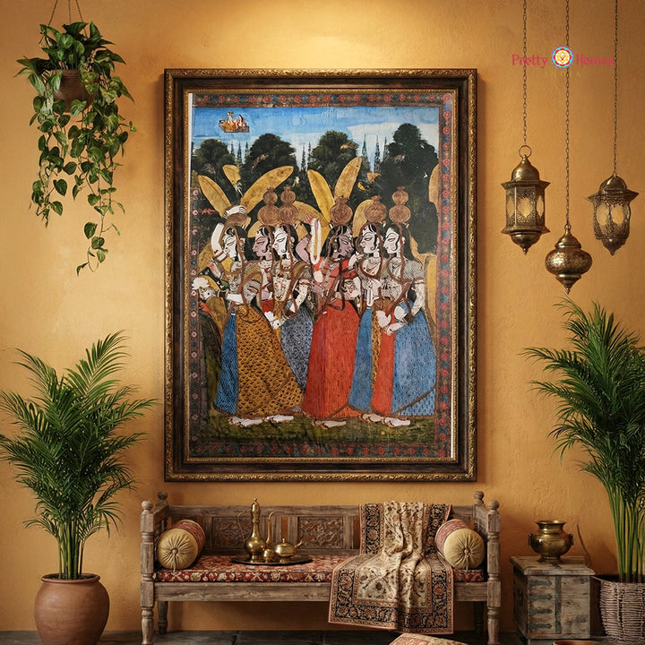 Vintage style handpainted Pichwai panel of graceful Gopikas traditional Indian wall painting