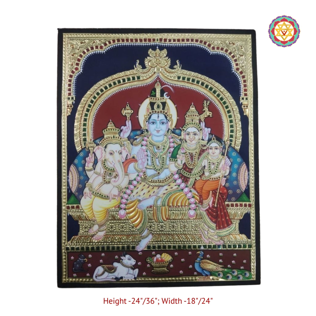 Handcrafted Shiva Parivar Tanjore painting with real 22K gold detailing premium devotional wall decor