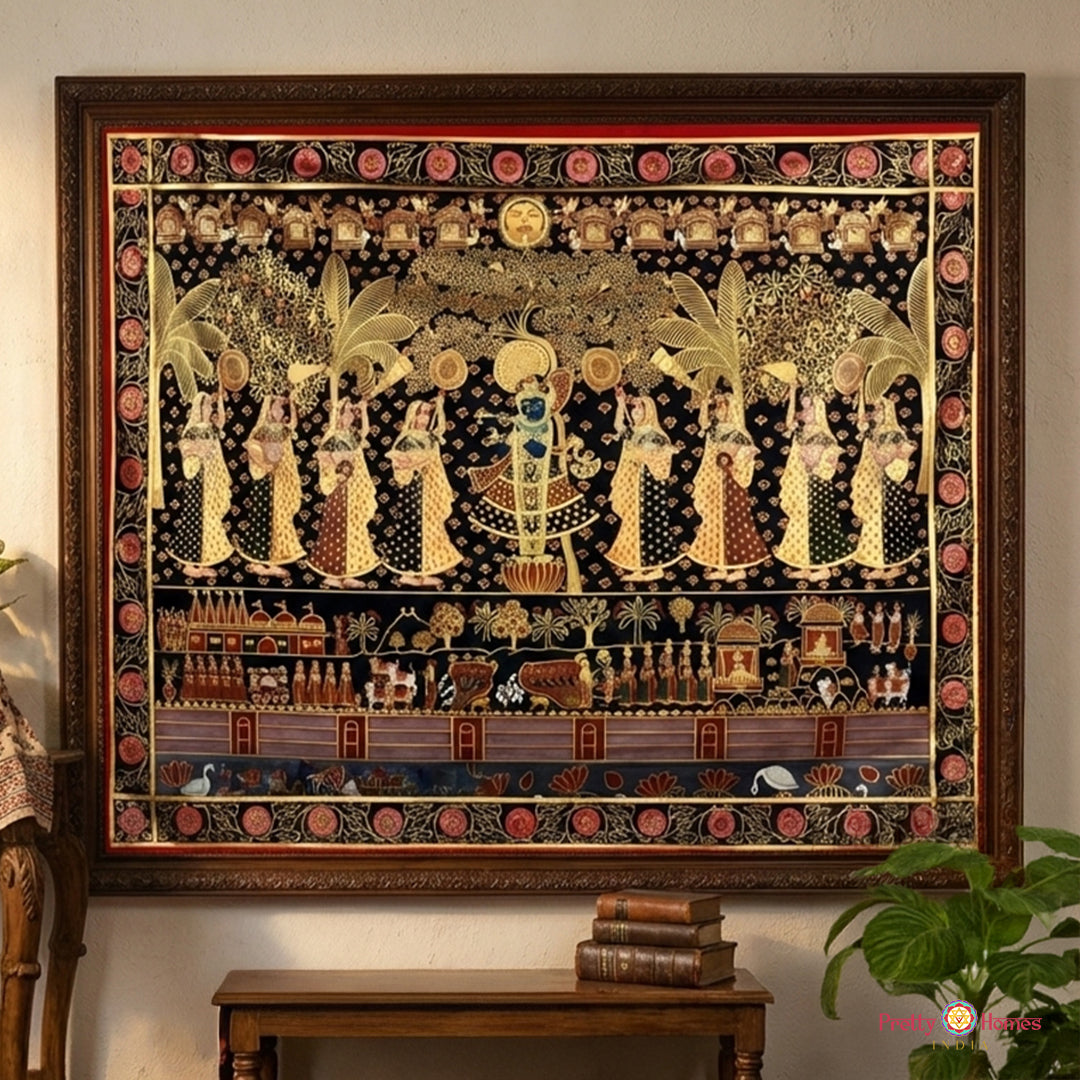 Antique style Shrinathji darshan pichwai painting with gopikas and heritage charm