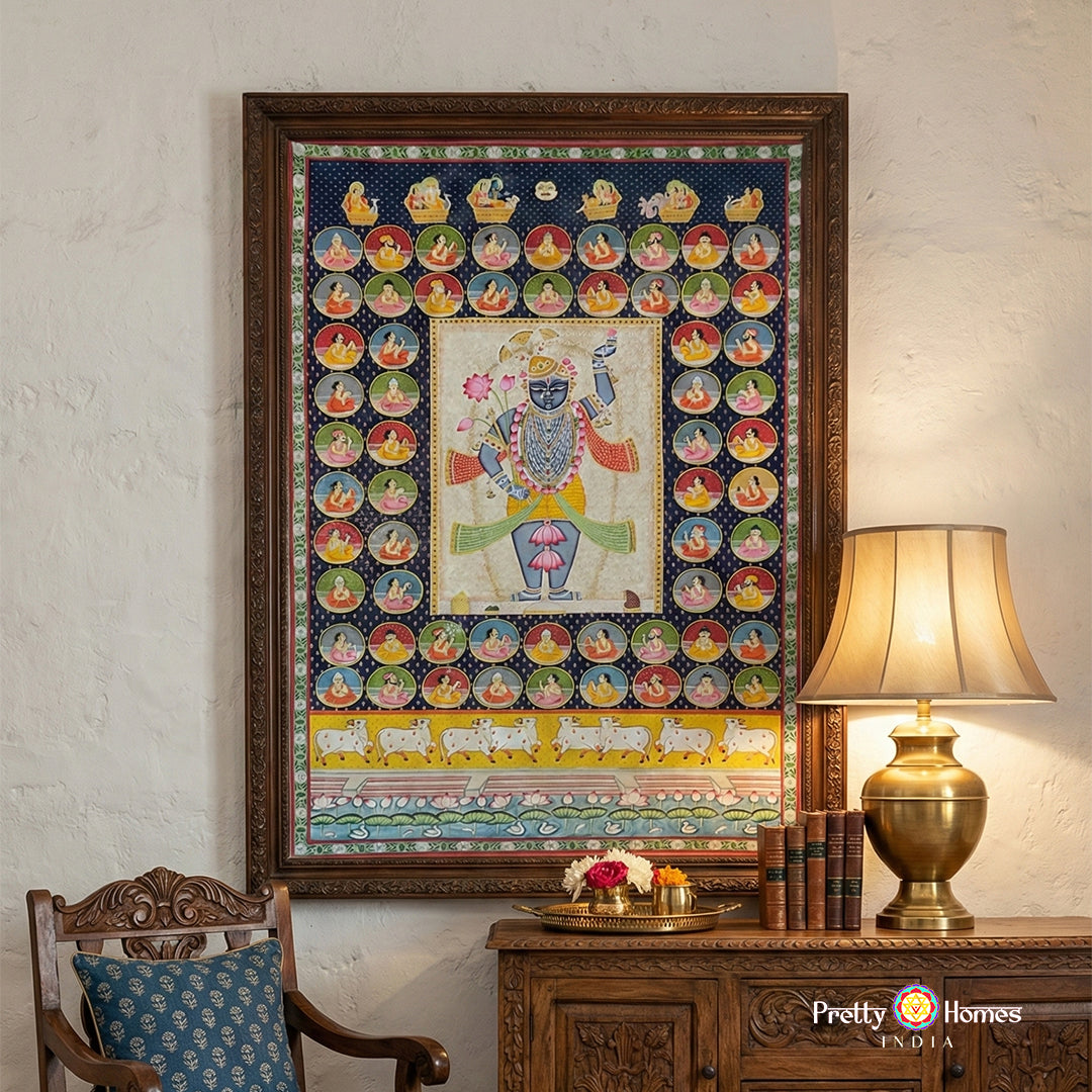 Vintage large hand-painted pichwai artwork featuring detailed Shrinathji composition