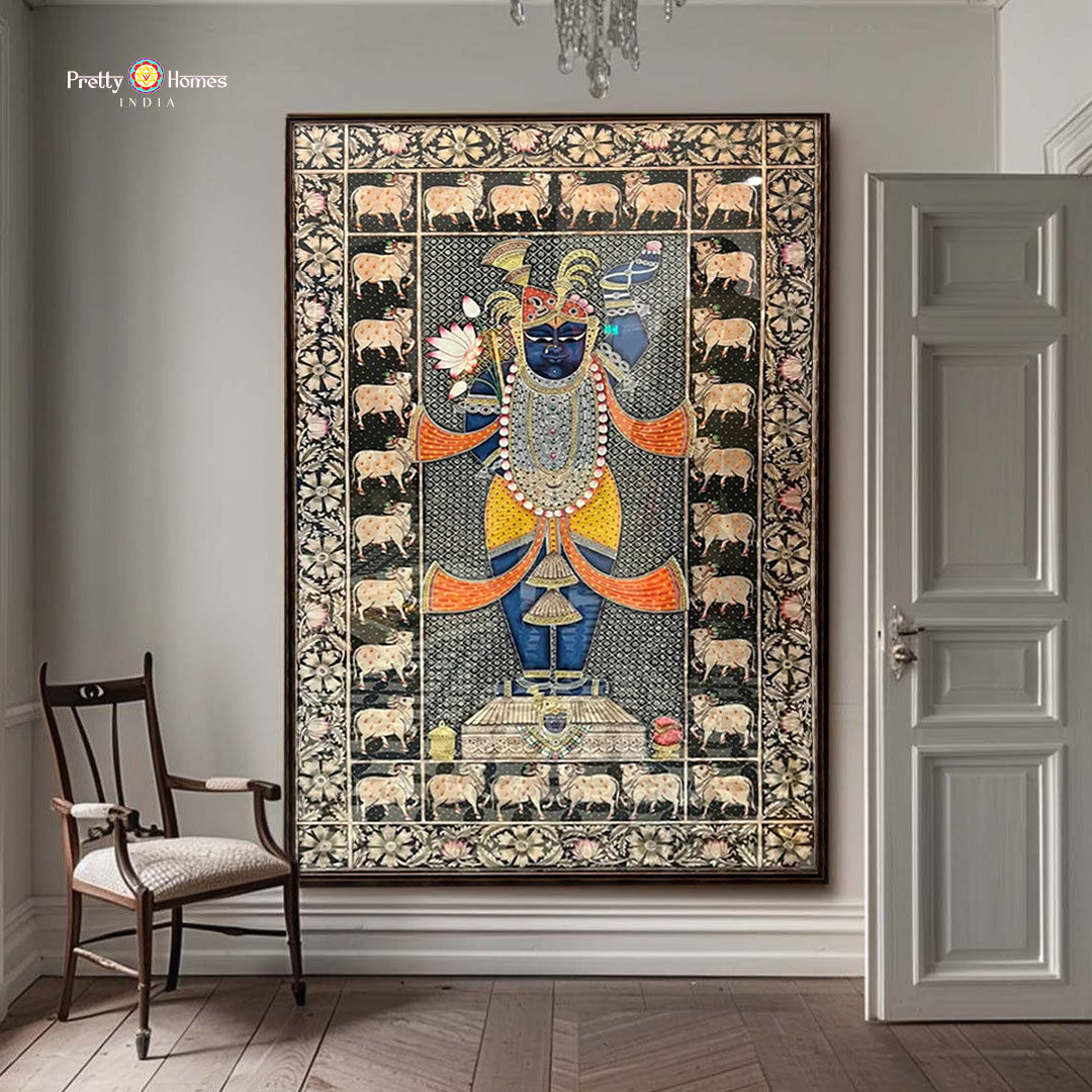 Vintage finish Shrinathji Pichwai with cows and floral borders