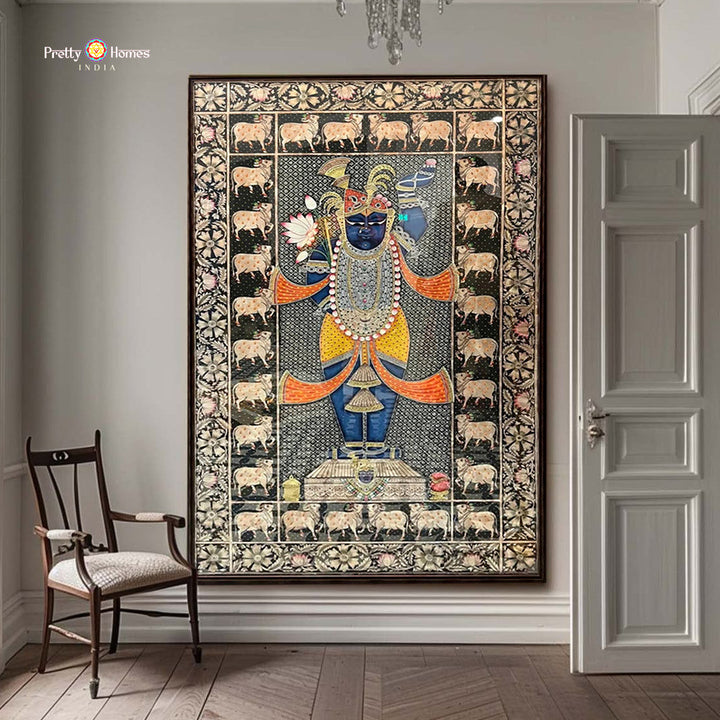 Vintage finish Shrinathji Pichwai with cows and floral borders