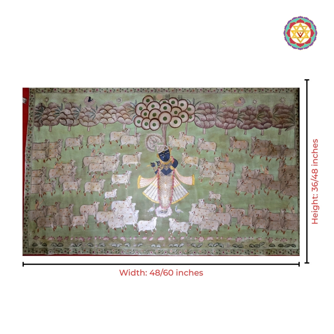 Antique finish Shrinathji Pichwai artwork with sacred cows heritage inspired temple wall decor