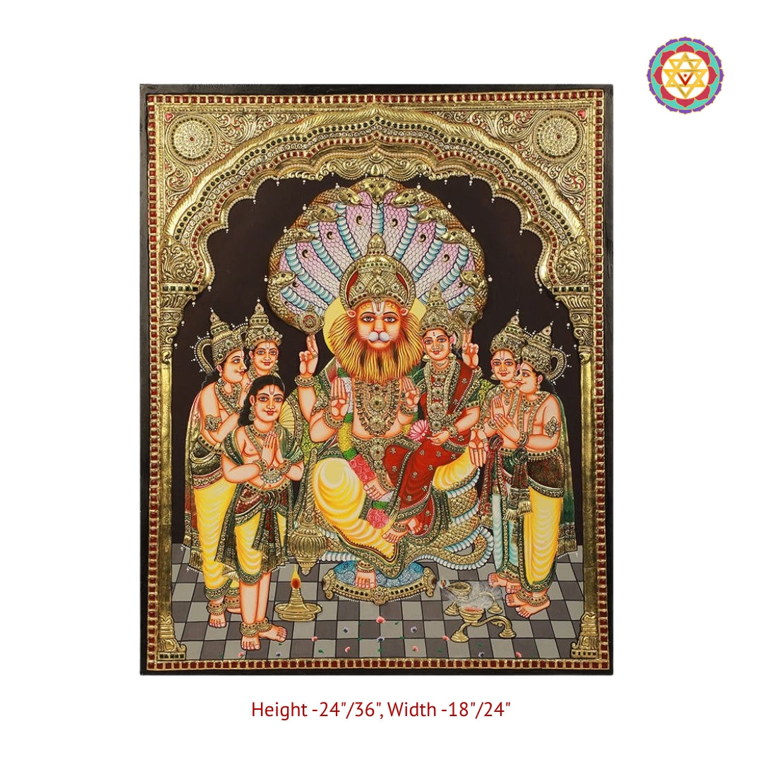 Detailed trio deity Tanjore artwork with rich handcrafted gold accents