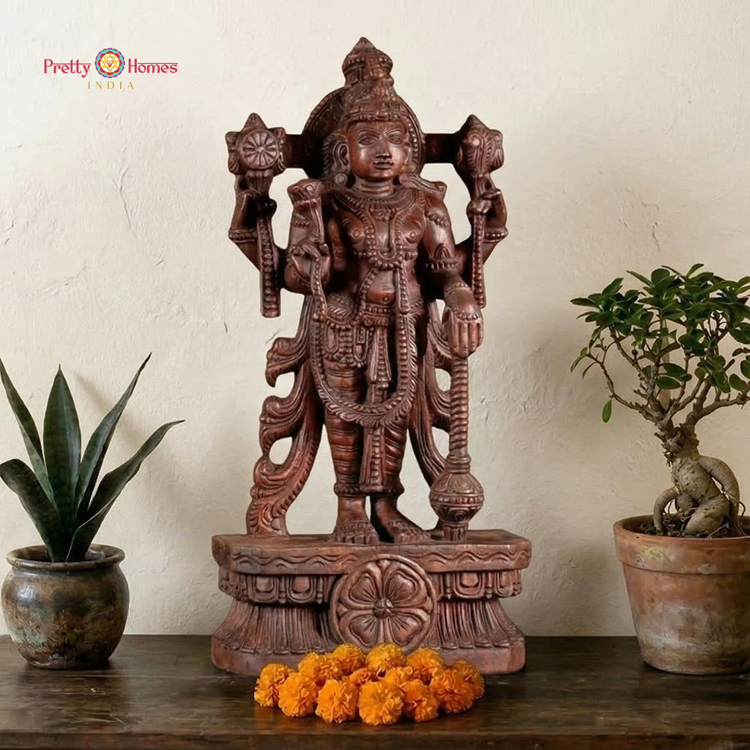 lord vishnu wooden statue decor multicolour carved artwork

