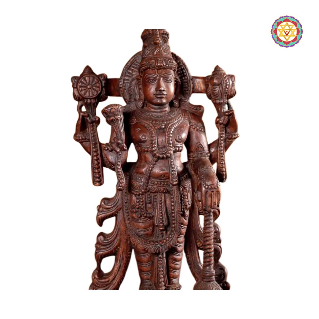 wooden statue lord vishnu standing with shankha chakra carving