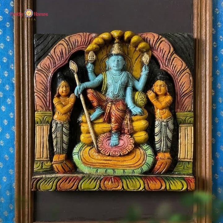 vishnu wall decor wooden hand carved sculpture with silk backdrop
